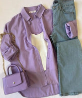 Pair of lilac button down shirt with white inner and sky blue jeans